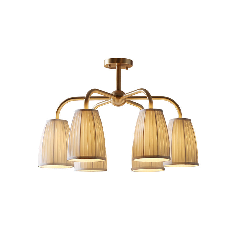 Gold 6-Light Flush Chandelier with Countryside Gathering Fabric and Bell Shaped Design