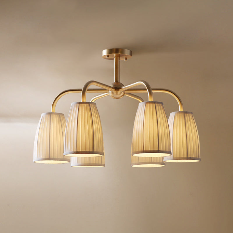 Gold 6-Light Flush Chandelier with Countryside Gathering Fabric and Bell Shaped Design