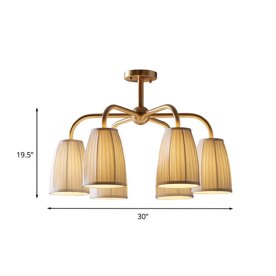 Gold 6-Light Flush Chandelier with Countryside Gathering Fabric and Bell Shaped Design