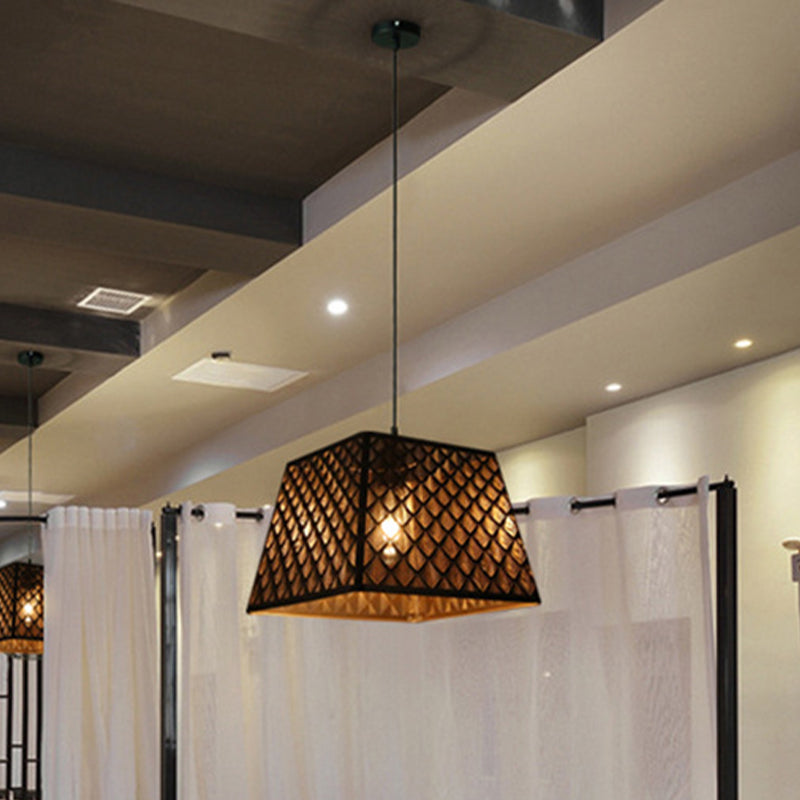 Trapezoidal Trellis Pendant: Industrial Black Iron Ceiling Lamp