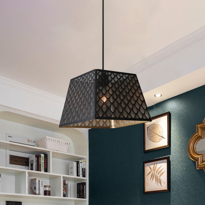 Trapezoidal Trellis Pendant: Industrial Black Iron Ceiling Lamp