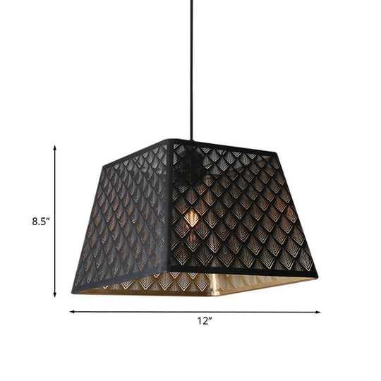 Trapezoidal Trellis Pendant: Industrial Black Iron Ceiling Lamp