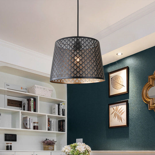 X-Cage Drop Lamp: Metallic Hanging Ceiling Light With Single Bulb & Black Truncated Cone Shade