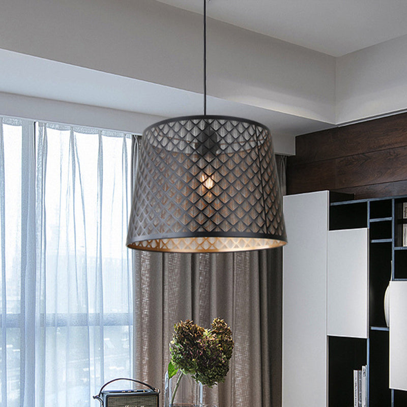 X-Cage Drop Lamp: Metallic Hanging Ceiling Light With Single Bulb & Black Truncated Cone Shade