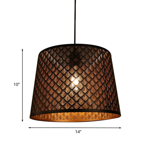 X-Cage Drop Lamp: Metallic Hanging Ceiling Light With Single Bulb & Black Truncated Cone Shade