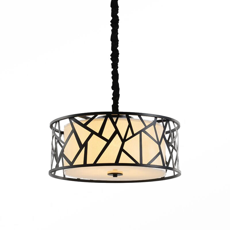 Vintage Iron Cage Drum Pendant Light With Fabric Shade - 5-Head Dining Room Ceiling Fixture In Black