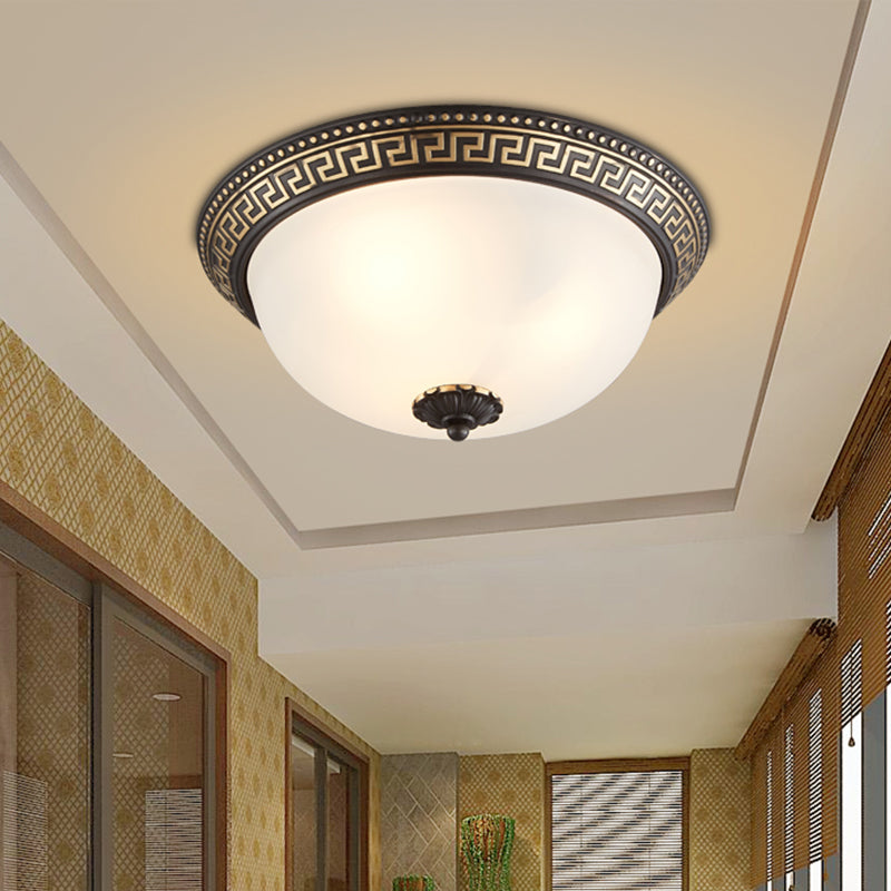 Opaline Glass Ceiling Lighting Retro Flush Mount Fixture With Swastika Pattern - Black-Gold 2/3-Bulb