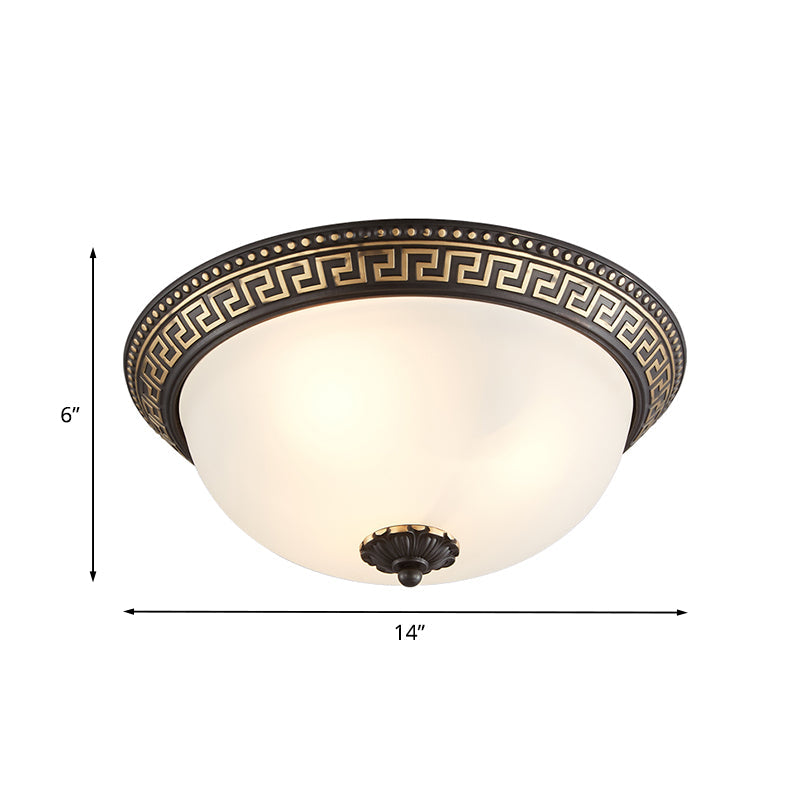 Opaline Glass Ceiling Lighting Retro Flush Mount Fixture with Swastika Pattern - Black-Gold, 2/3-Bulb for Bedroom