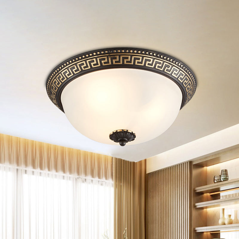 Opaline Glass Ceiling Lighting Retro Flush Mount Fixture With Swastika Pattern - Black-Gold 2/3-Bulb