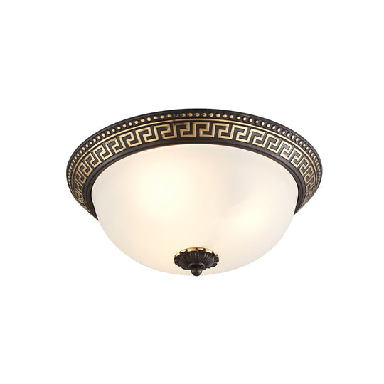 Opaline Glass Ceiling Lighting Retro Flush Mount Fixture with Swastika Pattern - Black-Gold, 2/3-Bulb for Bedroom