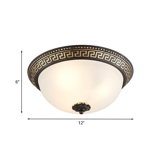 Opaline Glass Ceiling Lighting Retro Flush Mount Fixture with Swastika Pattern - Black-Gold, 2/3-Bulb for Bedroom