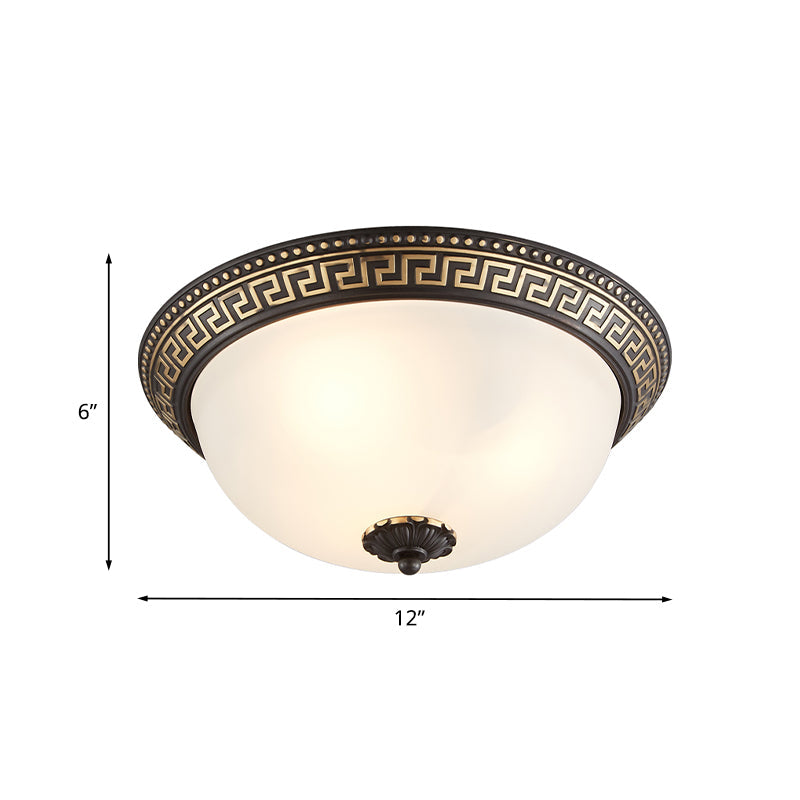 Opaline Glass Ceiling Lighting Retro Flush Mount Fixture With Swastika Pattern - Black-Gold 2/3-Bulb