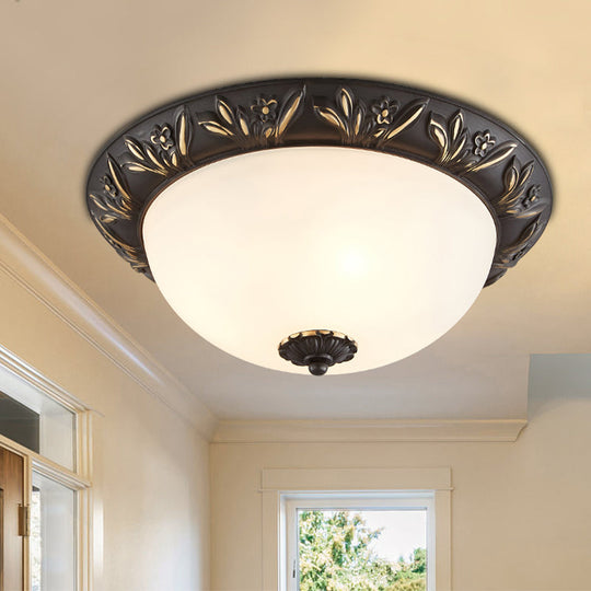 Ivory Glass Flush Mount Ceiling Lamp with Flower Trim in Black/Brass