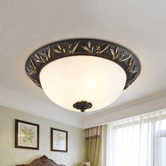 Ivory Glass Flush Mount Ceiling Lamp with Flower Trim in Black/Brass