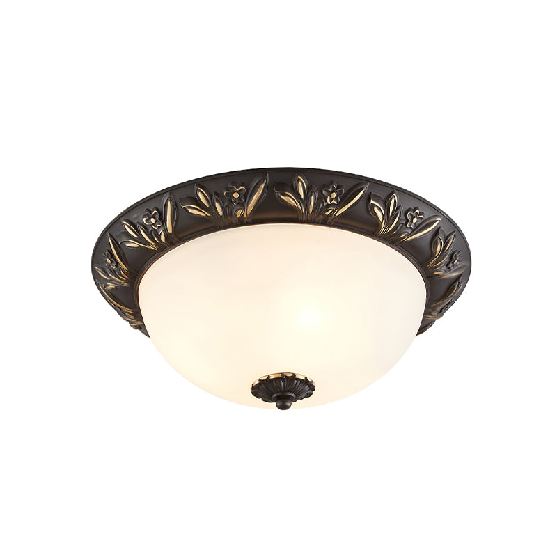 Ivory Glass Flush Mount Ceiling Lamp with Flower Trim in Black/Brass