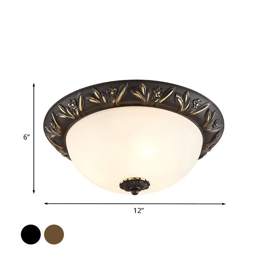 Ivory Glass Flush Mount Ceiling Lamp with Flower Trim in Black/Brass