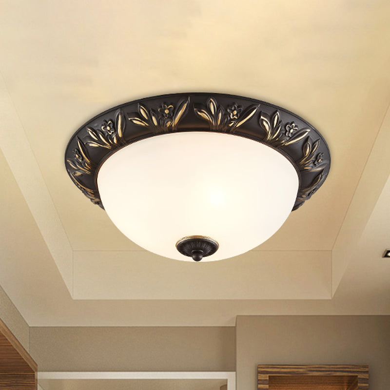 Ivory Glass Flush Mount Ceiling Lamp with Flower Trim in Black/Brass