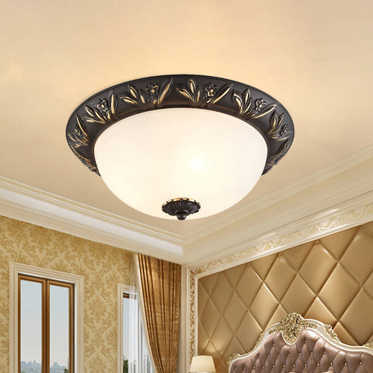 Ivory Glass Flush Mount Ceiling Lamp with Flower Trim in Black/Brass