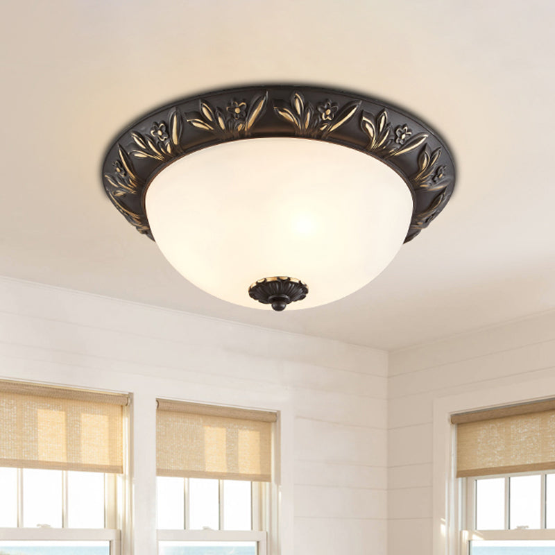 Ivory Glass Flush Mount Ceiling Lamp with Flower Trim in Black/Brass