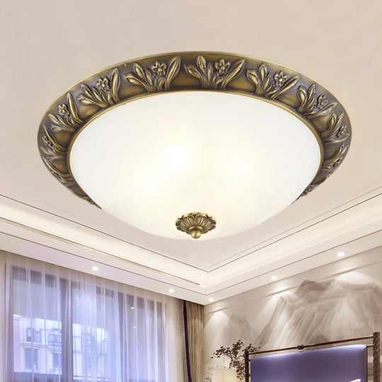 Ivory Glass Flush Mount Ceiling Lamp with Flower Trim in Black/Brass