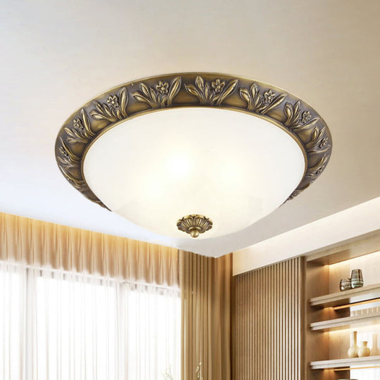 Ivory Glass Flush Mount Ceiling Lamp with Flower Trim in Black/Brass