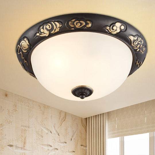 Retro Black Glass Ceiling Fixture with Embossed Rose Edge - Bedroom Flush Mount Lighting