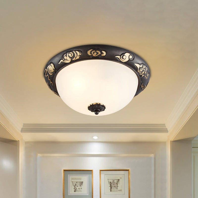 Retro Black Glass Ceiling Fixture with Embossed Rose Edge - Bedroom Flush Mount Lighting