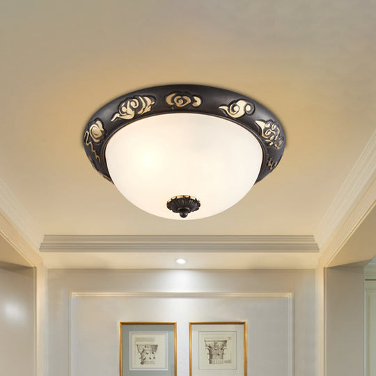 Retro Black Glass Ceiling Fixture With Embossed Rose Edge - Bedroom Flush Mount Lighting