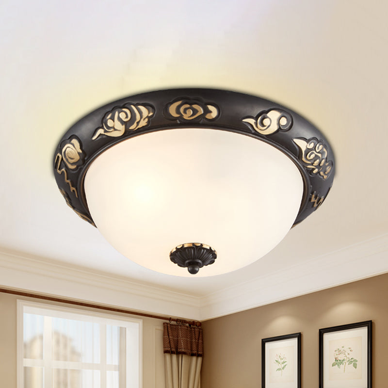 Retro Black Glass Ceiling Fixture with Embossed Rose Edge - Bedroom Flush Mount Lighting