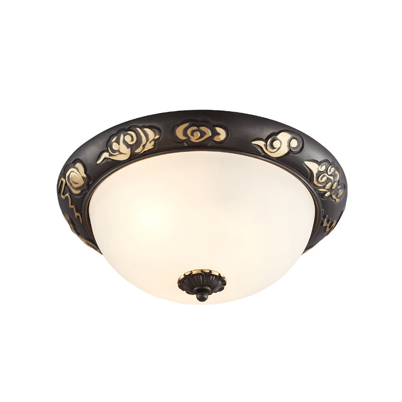 Retro Black Glass Ceiling Fixture with Embossed Rose Edge - Bedroom Flush Mount Lighting