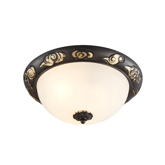 Retro Black Glass Ceiling Fixture with Embossed Rose Edge - Bedroom Flush Mount Lighting