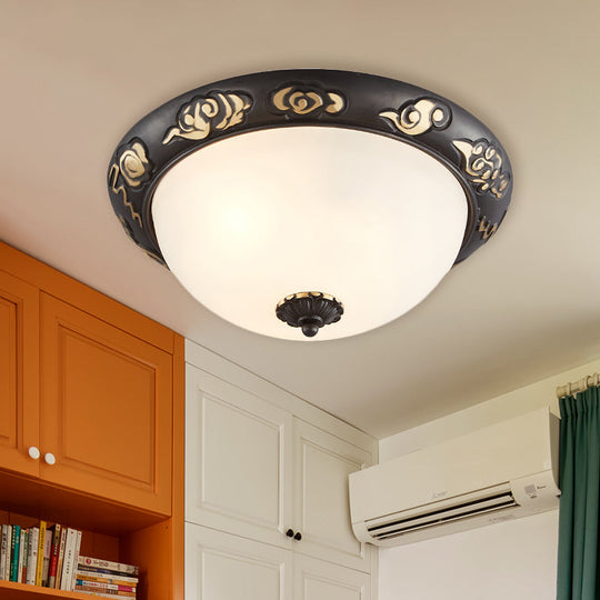 Retro Black Glass Ceiling Fixture with Embossed Rose Edge - Bedroom Flush Mount Lighting