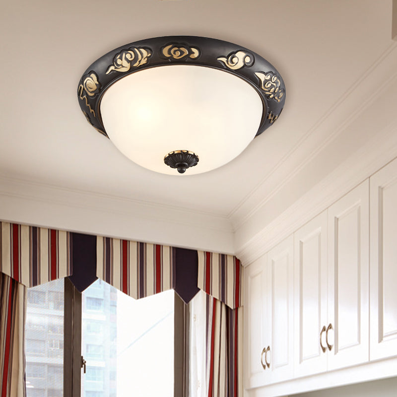 Retro Black Glass Ceiling Fixture with Embossed Rose Edge - Bedroom Flush Mount Lighting