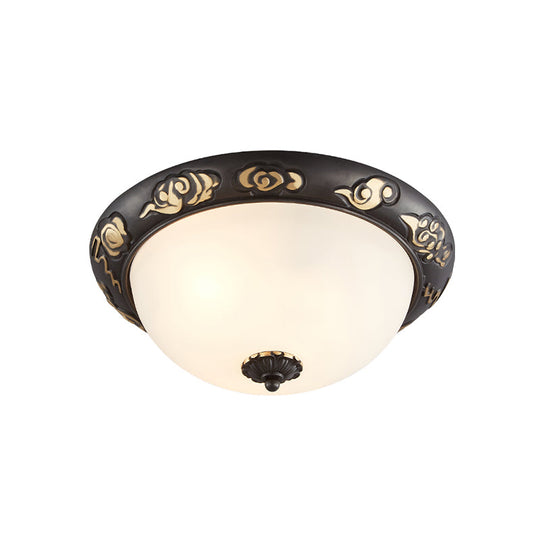 Retro Black Glass Ceiling Fixture with Embossed Rose Edge - Bedroom Flush Mount Lighting