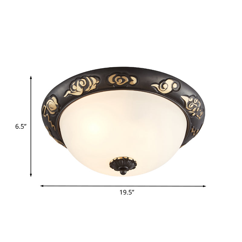 Retro Black Glass Ceiling Fixture with Embossed Rose Edge - Bedroom Flush Mount Lighting