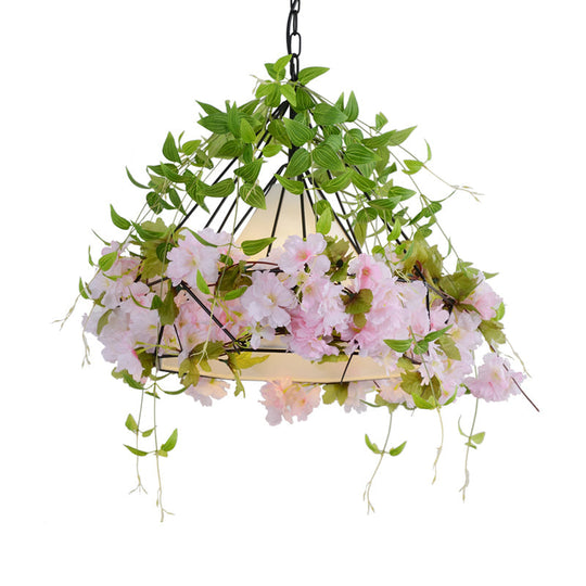 Black Diamond Cage Suspension Light Vintage Iron Flower Pendant With Fabric Shade | 16.5/19.5 Width