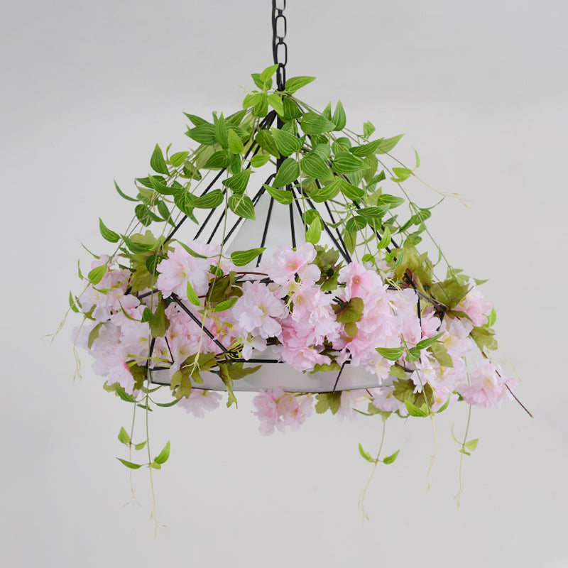 Black Diamond Cage Suspension Light Vintage Iron Flower Pendant With Fabric Shade | 16.5/19.5 Width