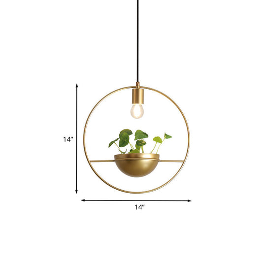 Gold Circular Iron 1-Head Pendant Light Fixture - Elegant Dining Room Plant Lighting