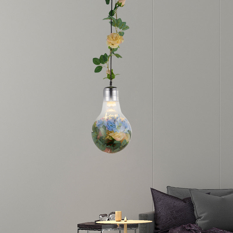 Antique Clear Glass Bulb-Shaped Pendant Light 8.5/12 W With Chrome Flower Drop Lamp - Ideal For