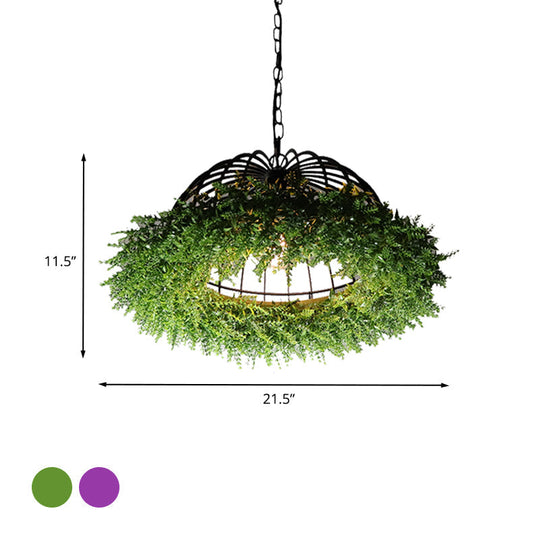 Purple/Green Antique Iron Ceiling Pendant with Plant Deco - 1 Head Hanging Light Fixture