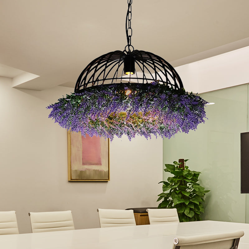 Purple/Green Antique Iron Ceiling Pendant with Plant Deco - 1 Head Hanging Light Fixture