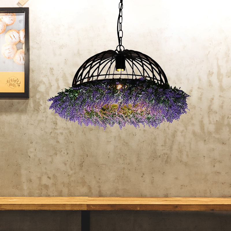 Antique Iron Ceiling Pendant Light Fixture With Purple/Green Bowl Cage And Plant Decoration