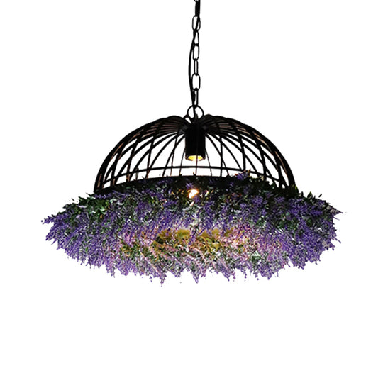 Antique Iron Ceiling Pendant Light Fixture With Purple/Green Bowl Cage And Plant Decoration