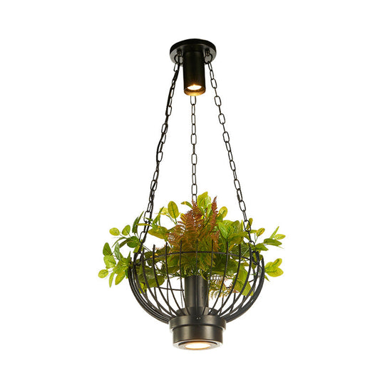 Iron Cage Pendant Lamp with Plant - Farmhouse Style Restaurant Light Fixture in Black