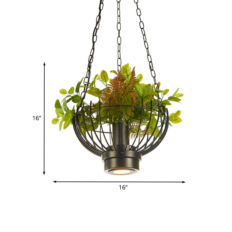 Iron Cage Pendant Lamp with Plant - Farmhouse Style Restaurant Light Fixture in Black