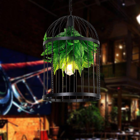 Farmhouse Iron Hanging Lamp: Black Bird Cage Pendant Light with Plant Decor