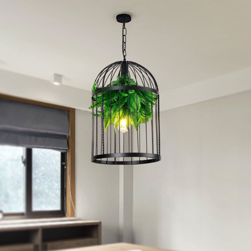 Farmhouse Iron Hanging Lamp: Black Bird Cage Pendant Light with Plant Decor