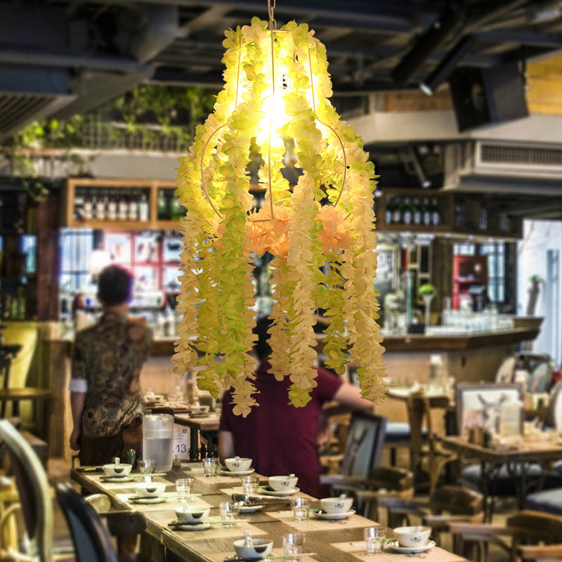 Iron Pendant Ceiling Light with Gourd Cage Design and Artificial Flower - White, 1 Bulb