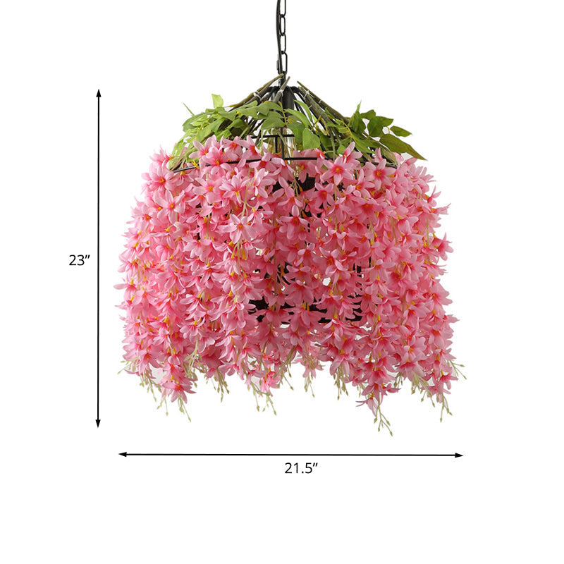 Farm style Pink Bird Cage Pendant Lighting Fixture for Restaurants - Iron Pendant Lamp with Flower Accent