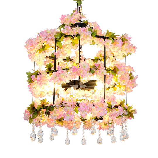 Iron Chandelier with Antique Black Finish, Cylindrical Cage Design, Crystal Drops, and 6 Bulbs - 27.5"/39" H